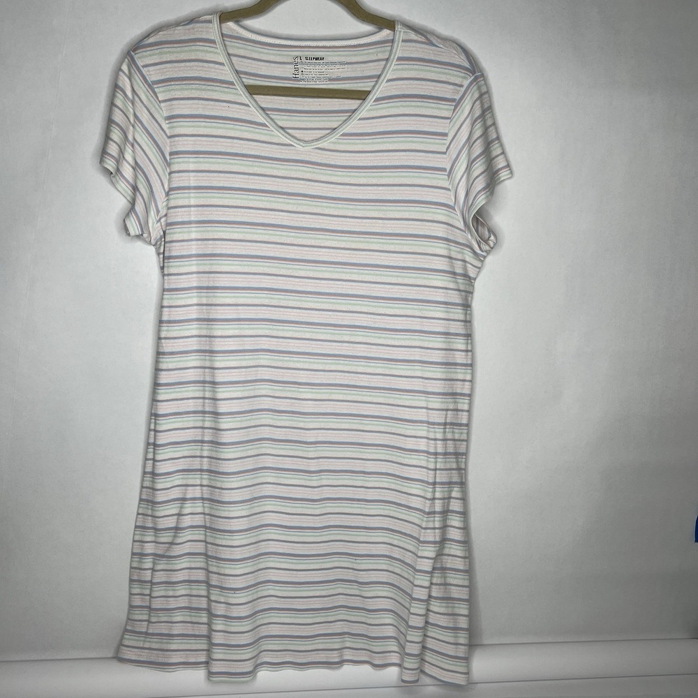 Hanes Sleepwear XL Nightgown 100% Organic Cotton Pastel Striped Short Sleeve